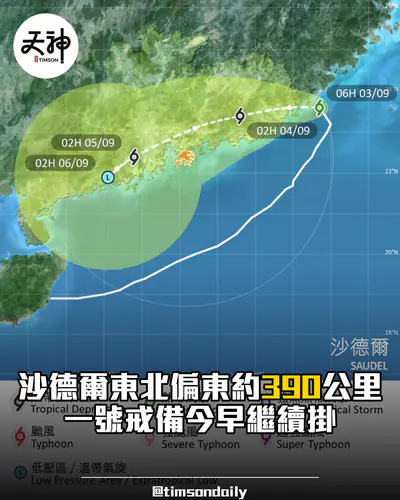 沙德爾路徑更新 香港東北偏東約390公里 一號今早維持