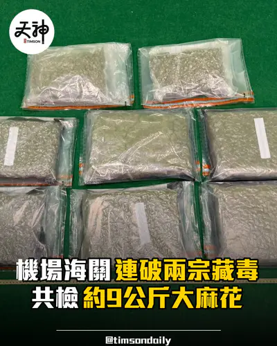 海關機場連破兩宗藏毒案共檢約9公斤懷疑大麻花