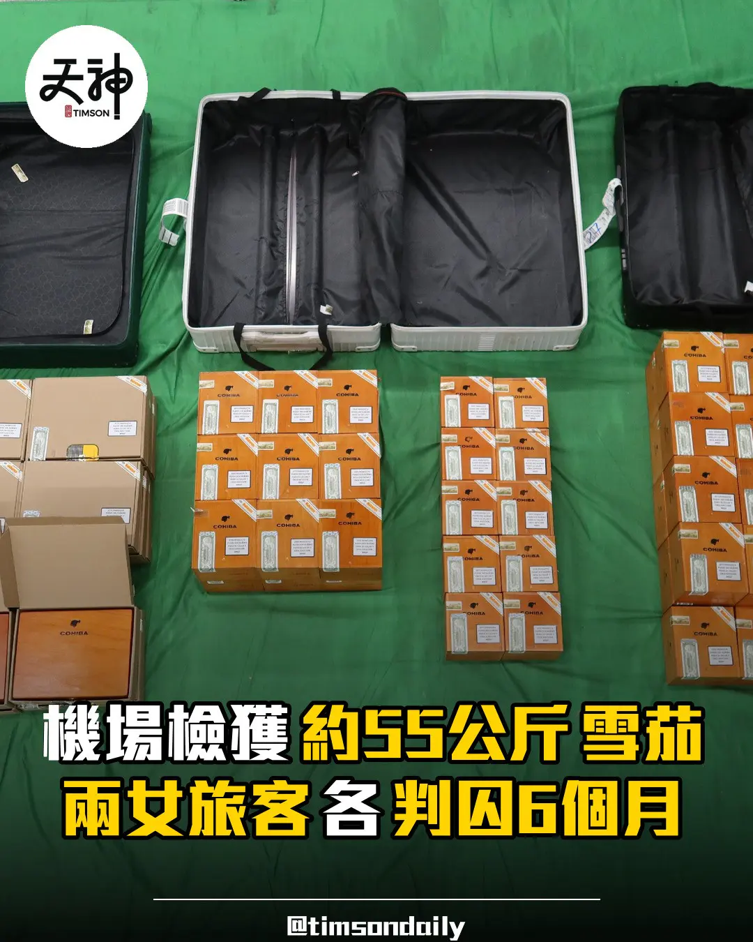 機場兩女旅客藏約55公斤未完稅雪茄各判囚6個月
