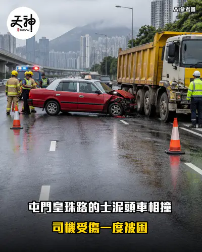 屯門皇珠路的士與泥頭車相撞 司機受傷一度被困