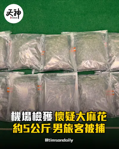 機場檢約5公斤懷疑大麻花 20歲男旅客被捕