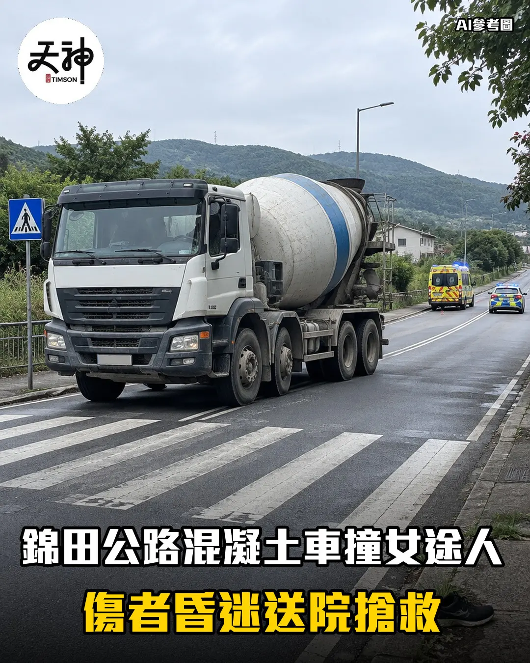 錦田公路混凝土車撞女途人 傷者昏迷送院搶救